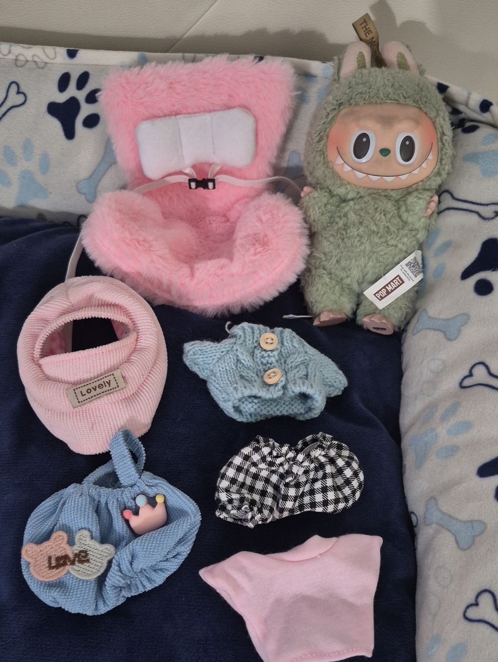 Authentic Labubu Doll, Car Seat,.and Clothes.